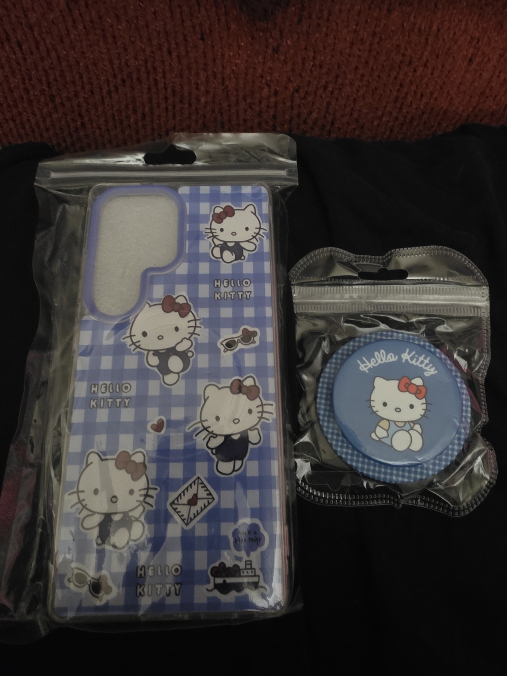 Hello Kitty Blue Plaid Phone Case with Matching Blue Pop Socket - S25 Ultra